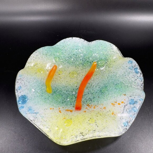 Hand Made Fused Art Glass Dish Plate Ruffled Edges Multicolor Glass Hand Crafted - Picture 13 of 16